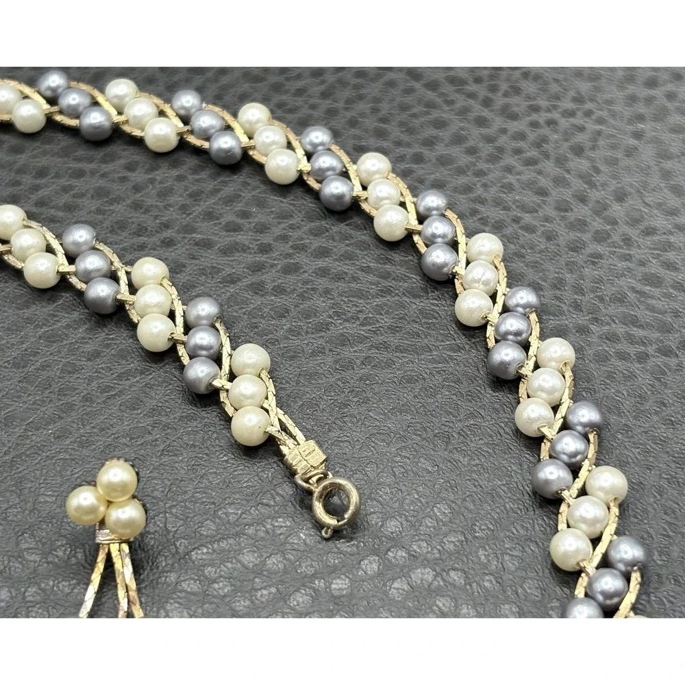 Vintage Imitation Pearl Gold Tone Necklace Pierced Dangle Fringe Earrings Set